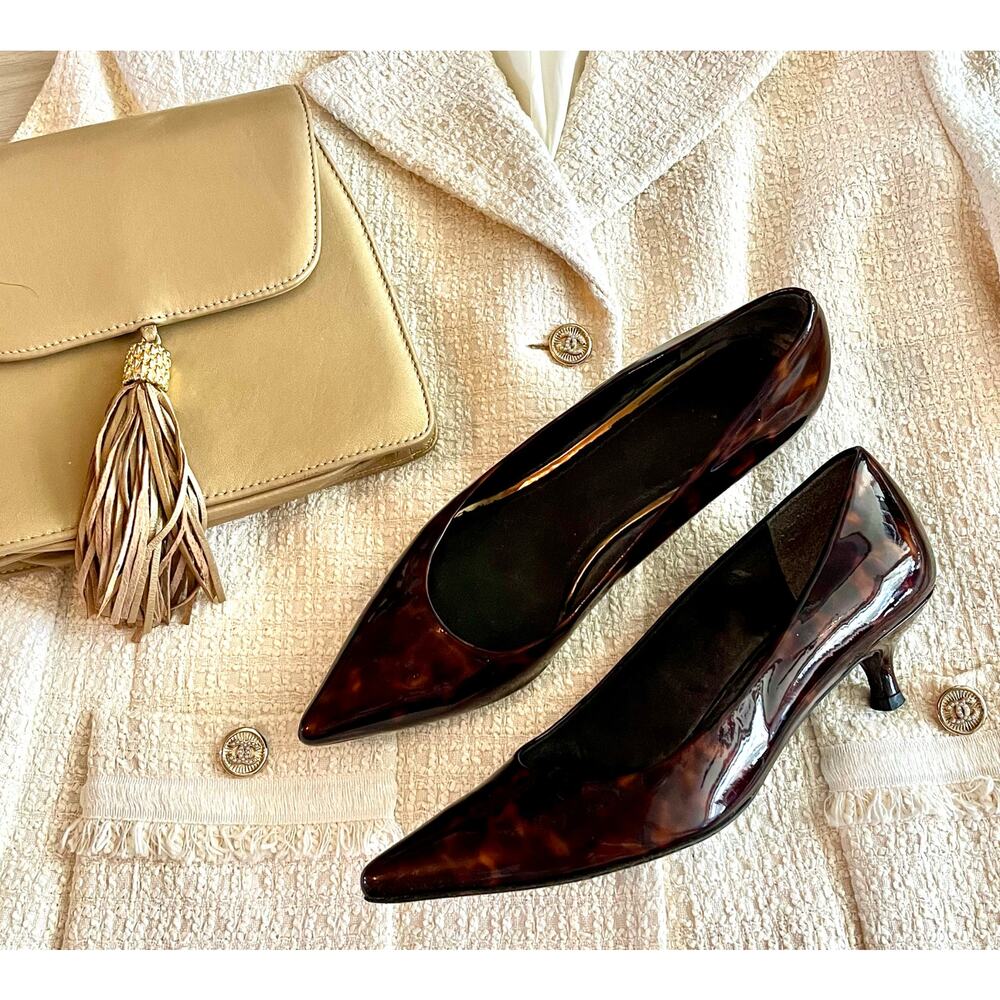 Stuart Weitzman Tortoiseshell Patent Leather Pointed-Toe Kitten Heels